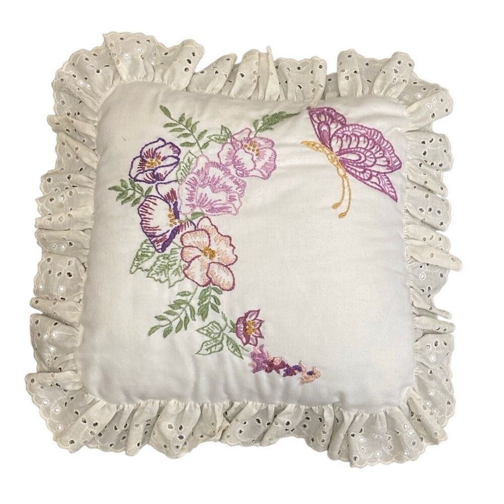 Vintage Embroidered Accent Pillow Floral Flowers Butterfly w Ruffle 17”x17”